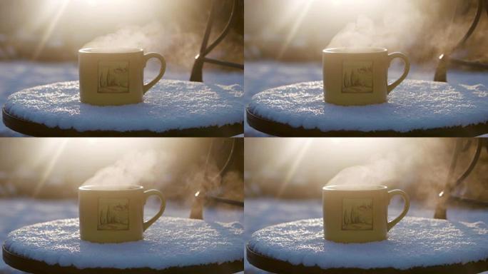 在冬天，用热茶在阳光下喝杯