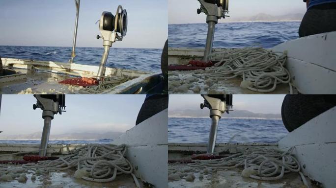 渔船上的CU、MS、CU渔夫和绳索