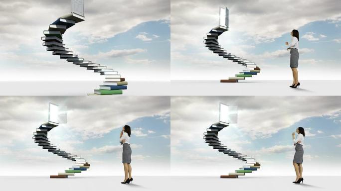 女商人在多云的天空中看着书本制成的台阶