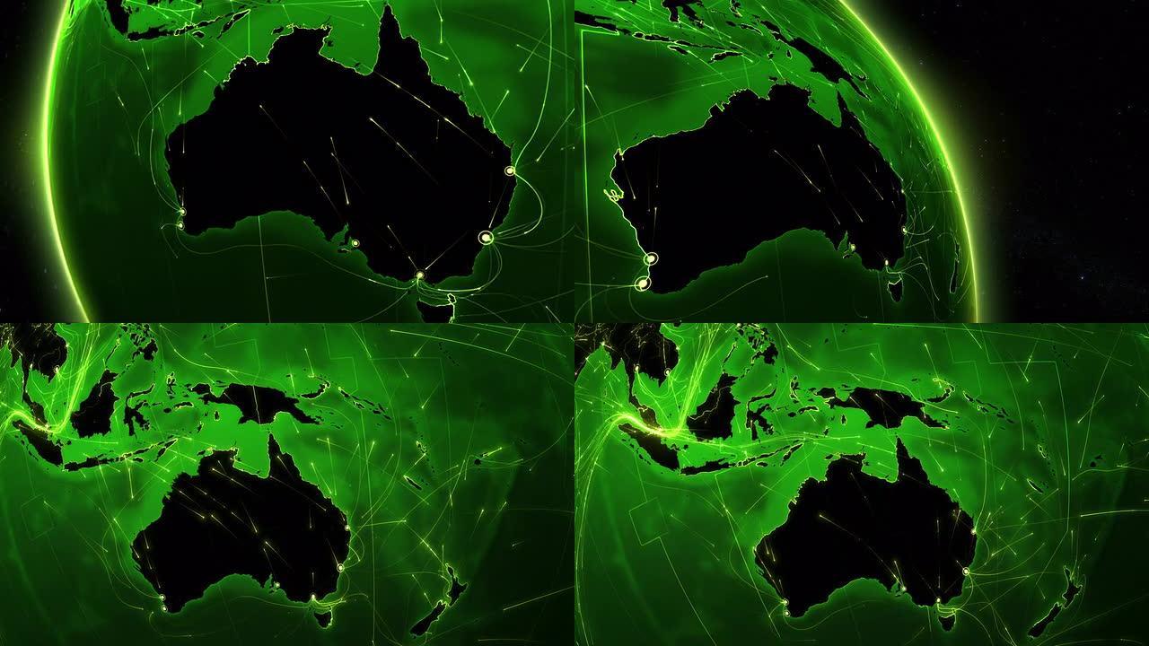 地球连接。澳大利亚。空中、海上、地面路线和国家边界。