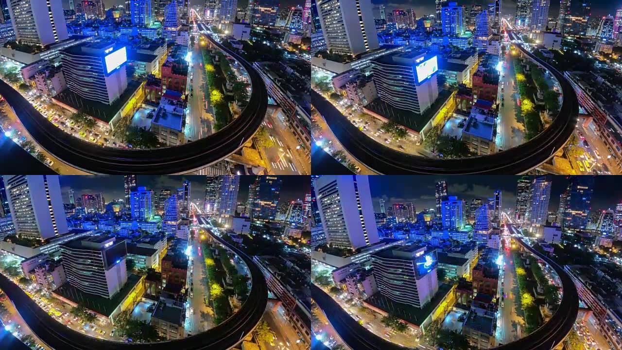 泰国曼谷市崇农西的延时夜城市景观鸟瞰图与MahaNakhon大楼