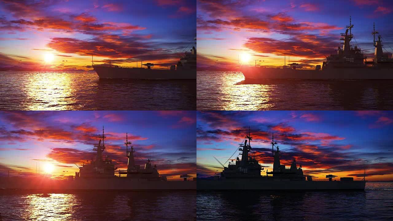 日落背景下的美国现代军舰