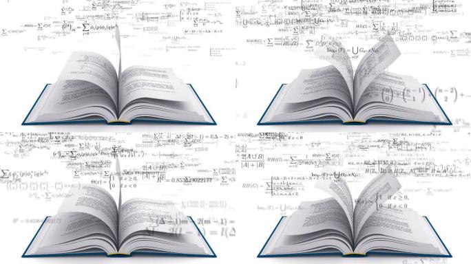打开一本数学公式飞扬的书。白色版本。