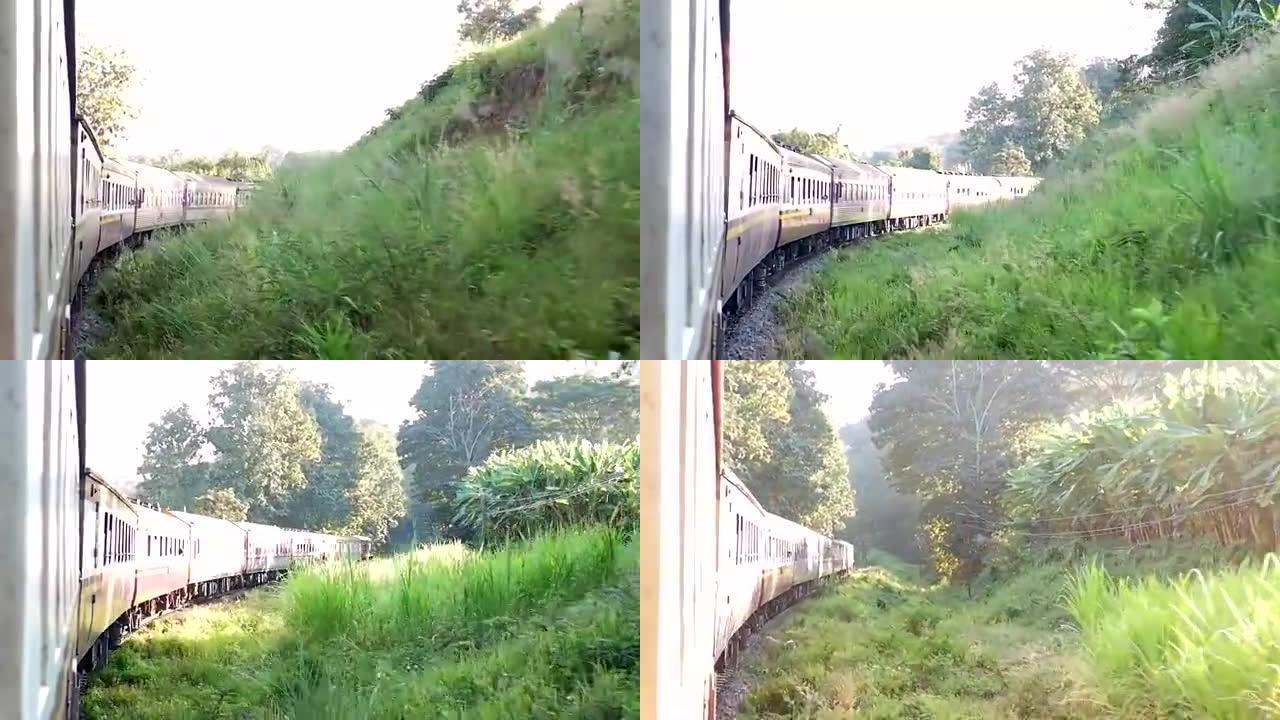 泰国的铁路曲线和火车。