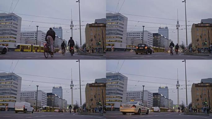 德国黄昏时人们在柏林骑自行车的实时视频