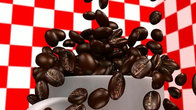 红白背景咖啡杯，咖啡豆掉落