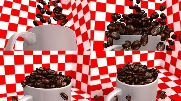 红白背景咖啡杯，咖啡豆掉落