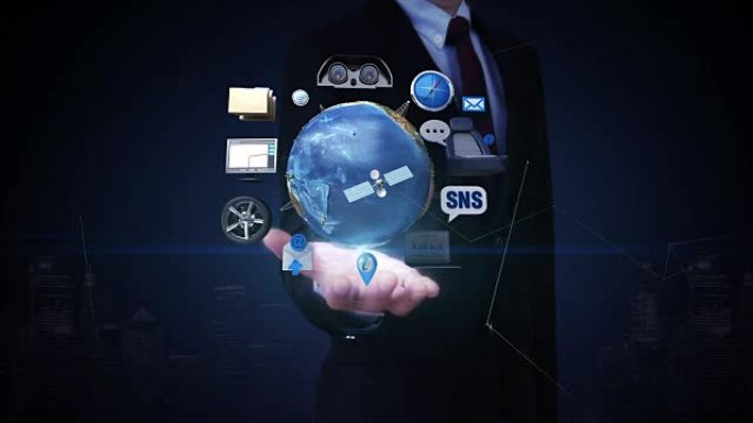 商人打开手掌，旋转地球，汽车连接t technology.us全球定位系统。社交网络服务，信息