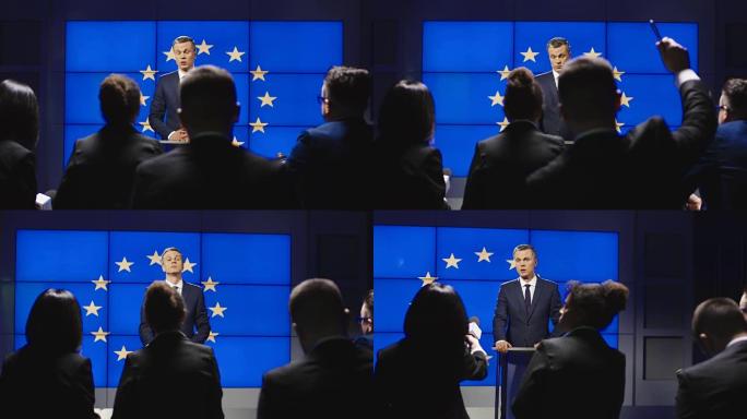 欧盟发言人在会议上接受采访
