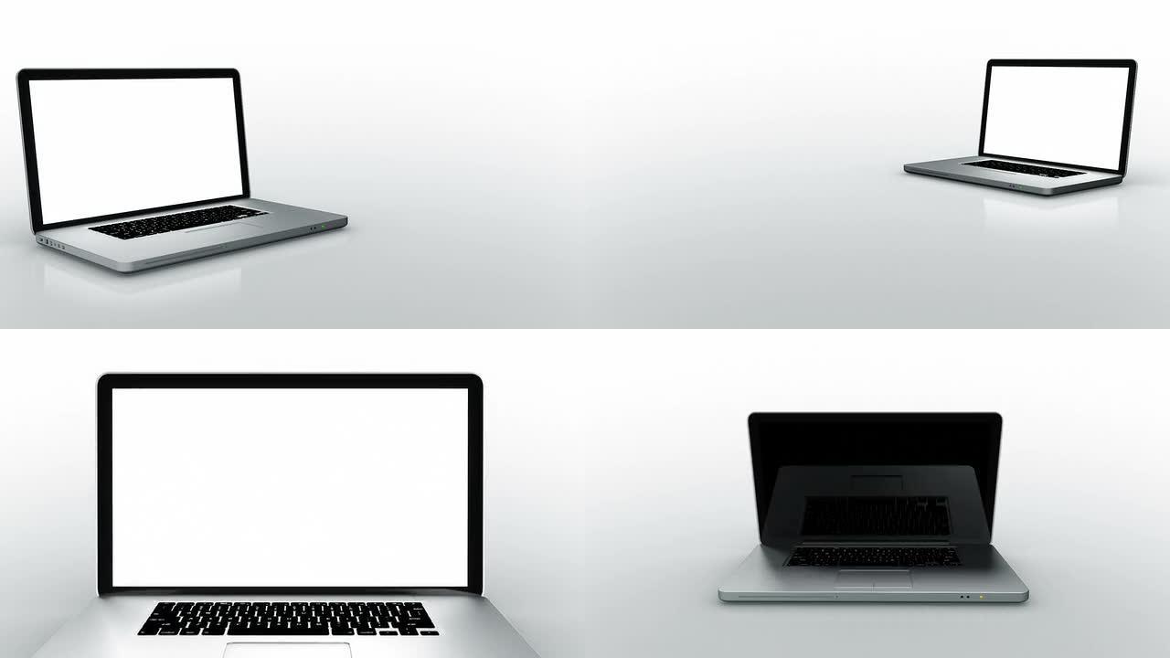 笔记本电脑动画。纺。白色背景。