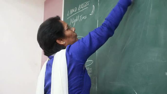 印度高级教师擦拭绿板上的擦除内容
