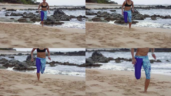 4k慢动作: 迷人的女人在沙滩上冲刺