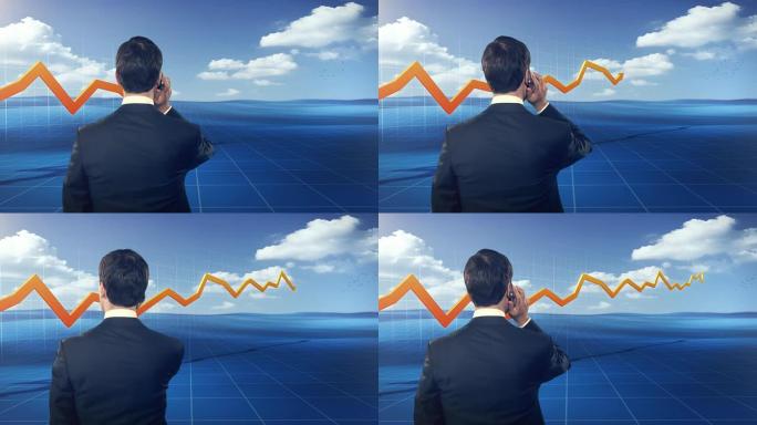 商人在3D财务图前，风格化的户外