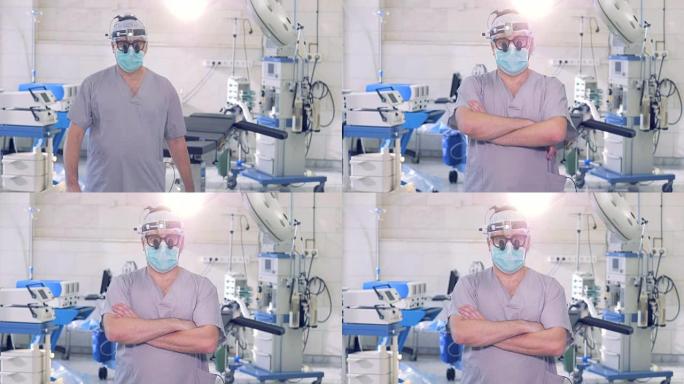 男性专业外科医生在镜头前行走和停留，同时直接看着镜头