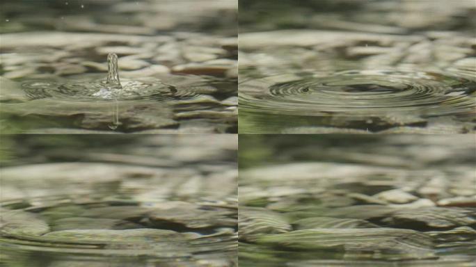 慢动作宏观: 水滴滴入纯山湖