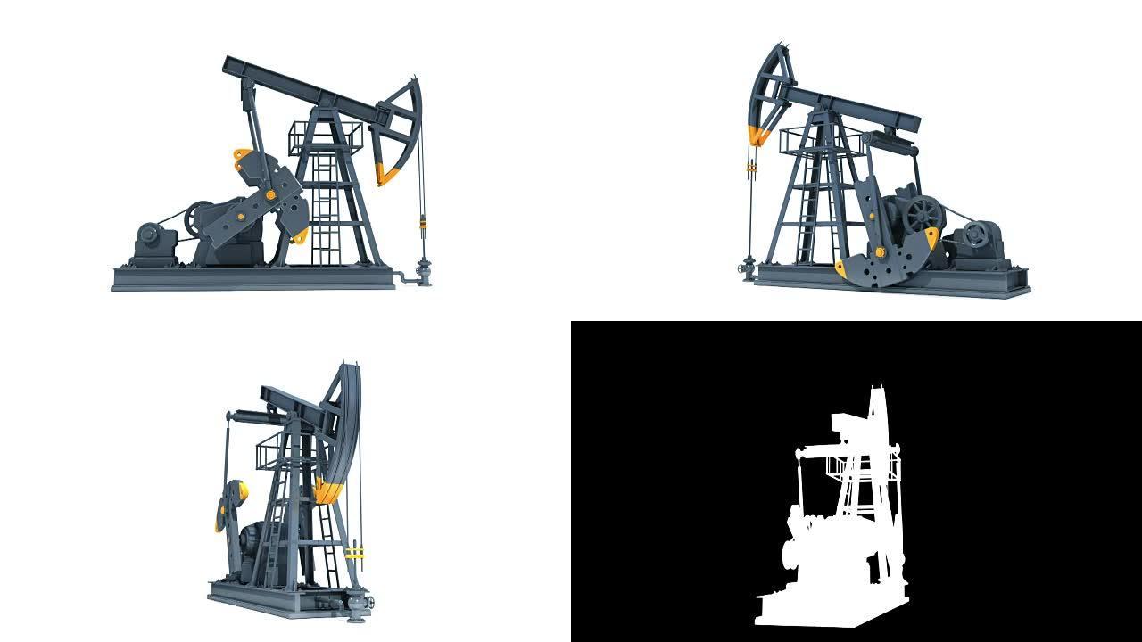 石油工业泵千斤顶。在白色背景上孤立工作。商业概念旋转3d动画。循环。高清1080。阿尔法哑光。