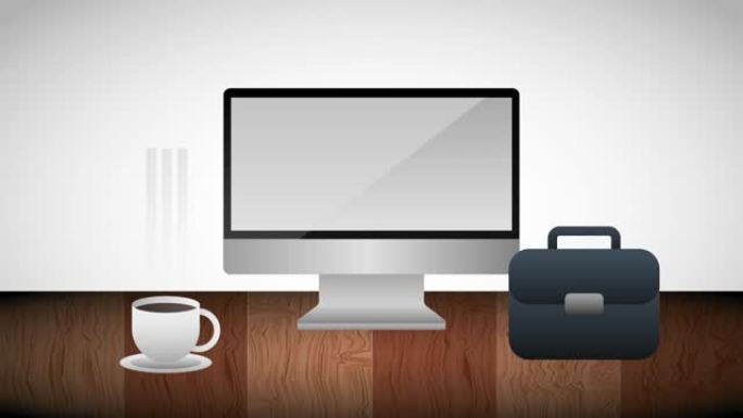 屏幕上的监控纸公文包木桌上的热咖啡杯