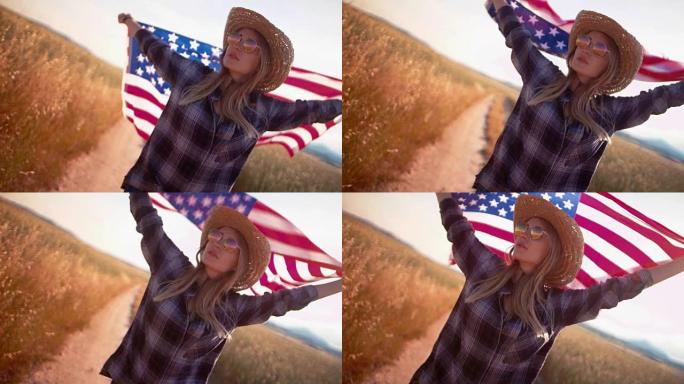 带国旗的美国妇女在乡村旅行