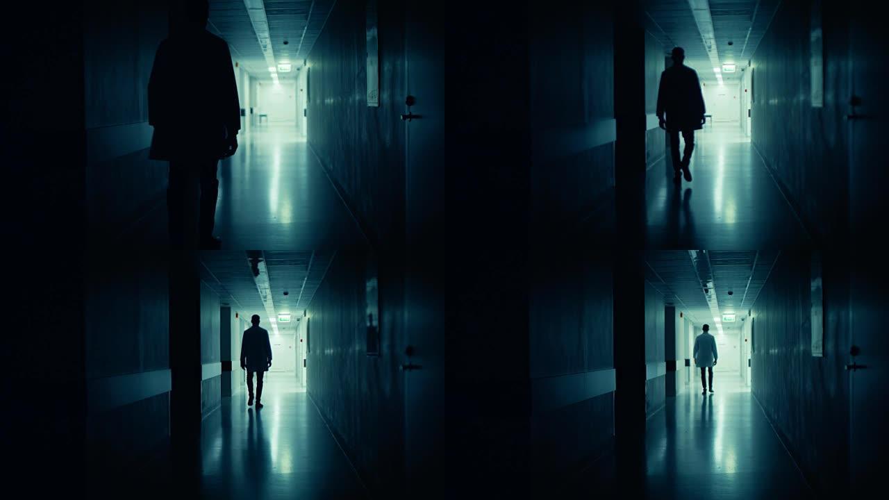 医院里的医生走出黑暗的走廊进入光明。