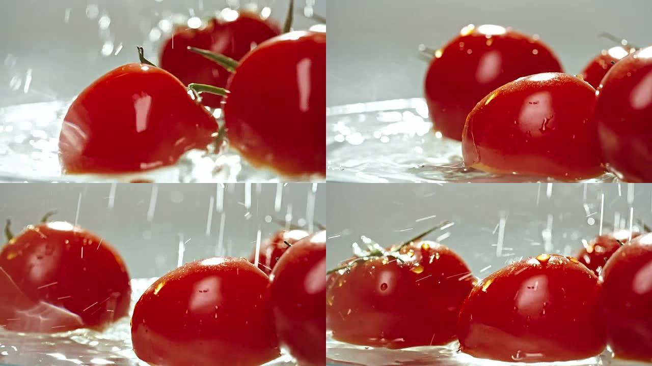 在凉爽的流水下的大西红柿