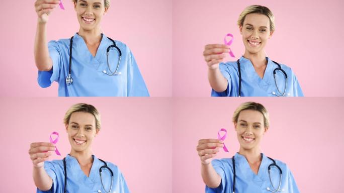 护士展示乳腺癌意识丝带