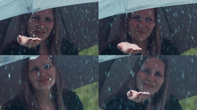 雨伞下的金发女人打着雨滴