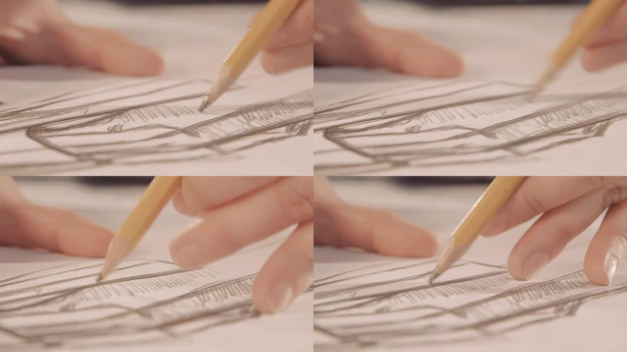 用铅笔画画。设计师在纸上画了一条线。特写