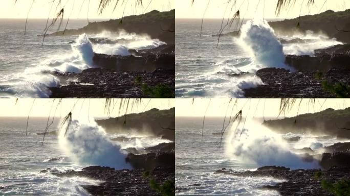 慢动作: 强大的大波撞击并大量溅入火山岩中