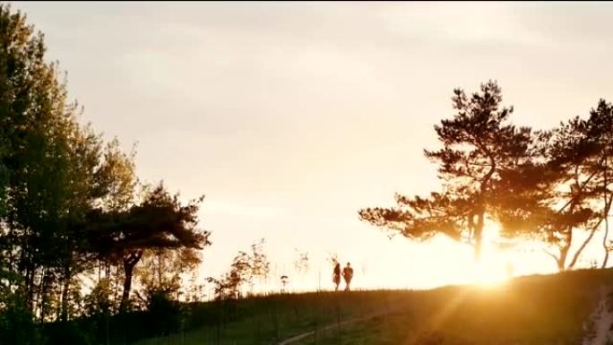 一对夫妇在美丽的日落时牵着手走在山上。阳光普照。自然景观，树木。慢mo