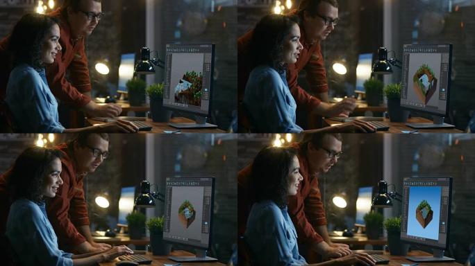 女性3D视频游戏开发人员在她的计算机上进行关卡设计，并与项目经理进行交谈。他们在创意办公室工作。