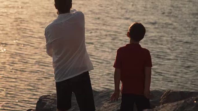 父亲和儿子在湖岸
