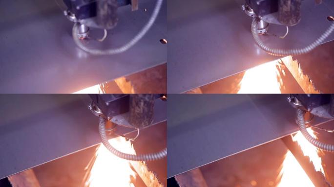 现代自动激光金属切割机。当代重型工业设备制造高精度钢零件