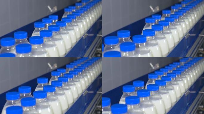 新鲜乳制品，瓶子在传送带上移动。奶制品厂