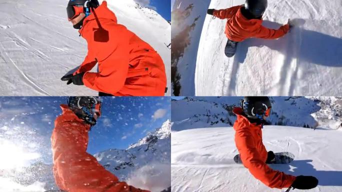 滑雪板极端雕刻，将雪喷入相机