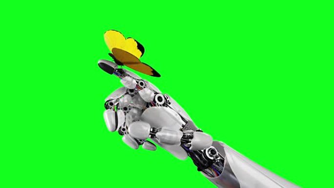 黄色蝴蝶落在机器人的手上