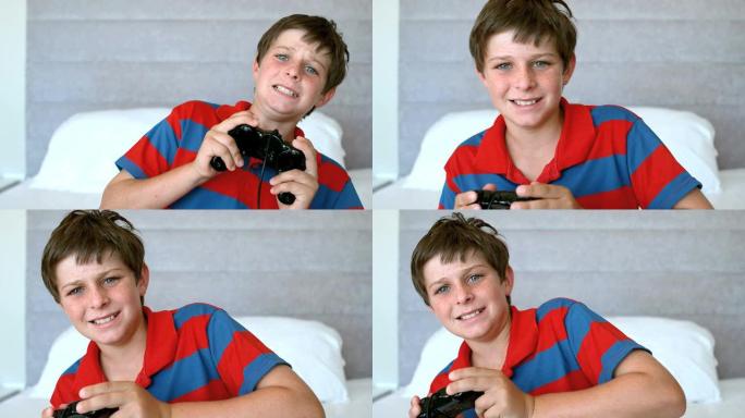 专注的小男孩玩电子游戏