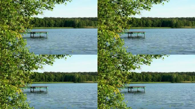 湖上的木制码头。田园诗般的风景