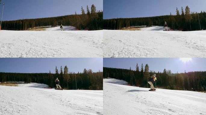 自信的年轻女子用滑雪板从山上滑下来