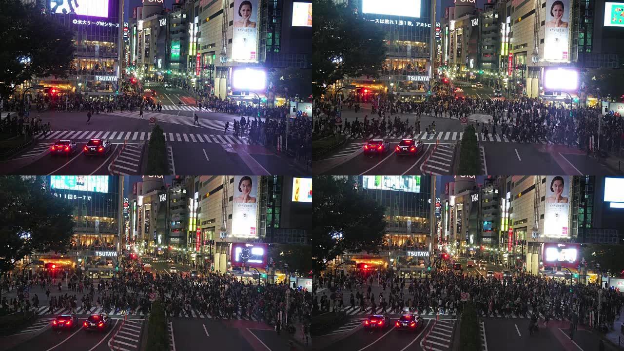 东京市十字路口涩谷人行横道汽车交通的4k镜头