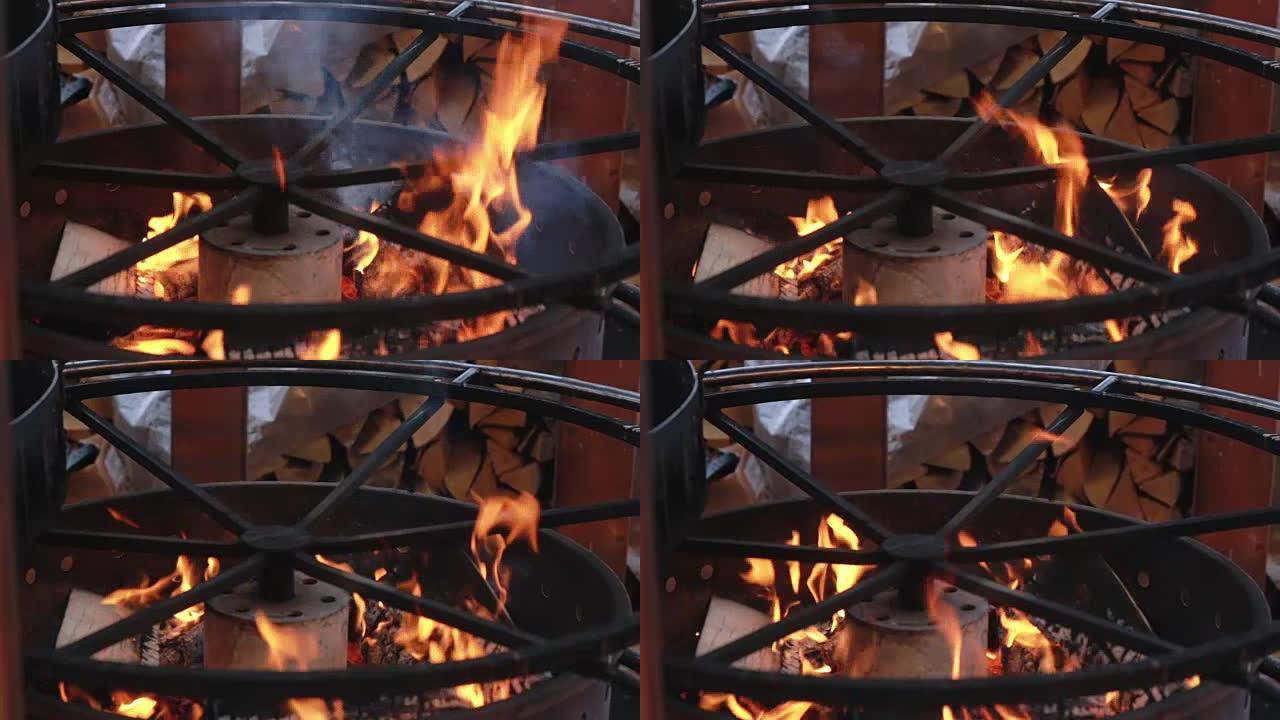 火盆里燃烧的木材火。特写