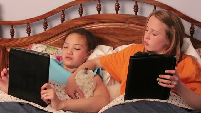 年轻的女朋友在床上与宠物狗使用他们的平板电脑