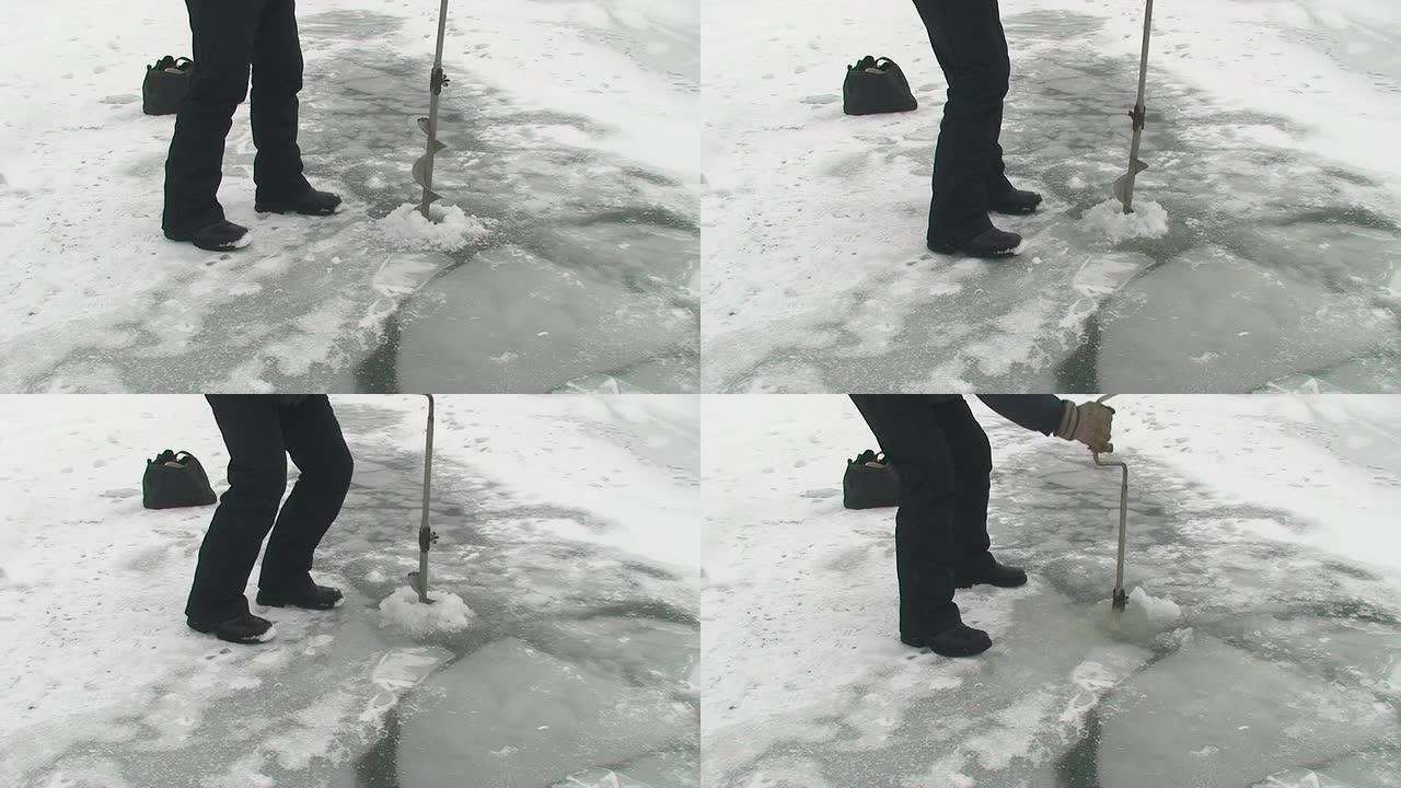 在冰上钻孔在冰上钻孔