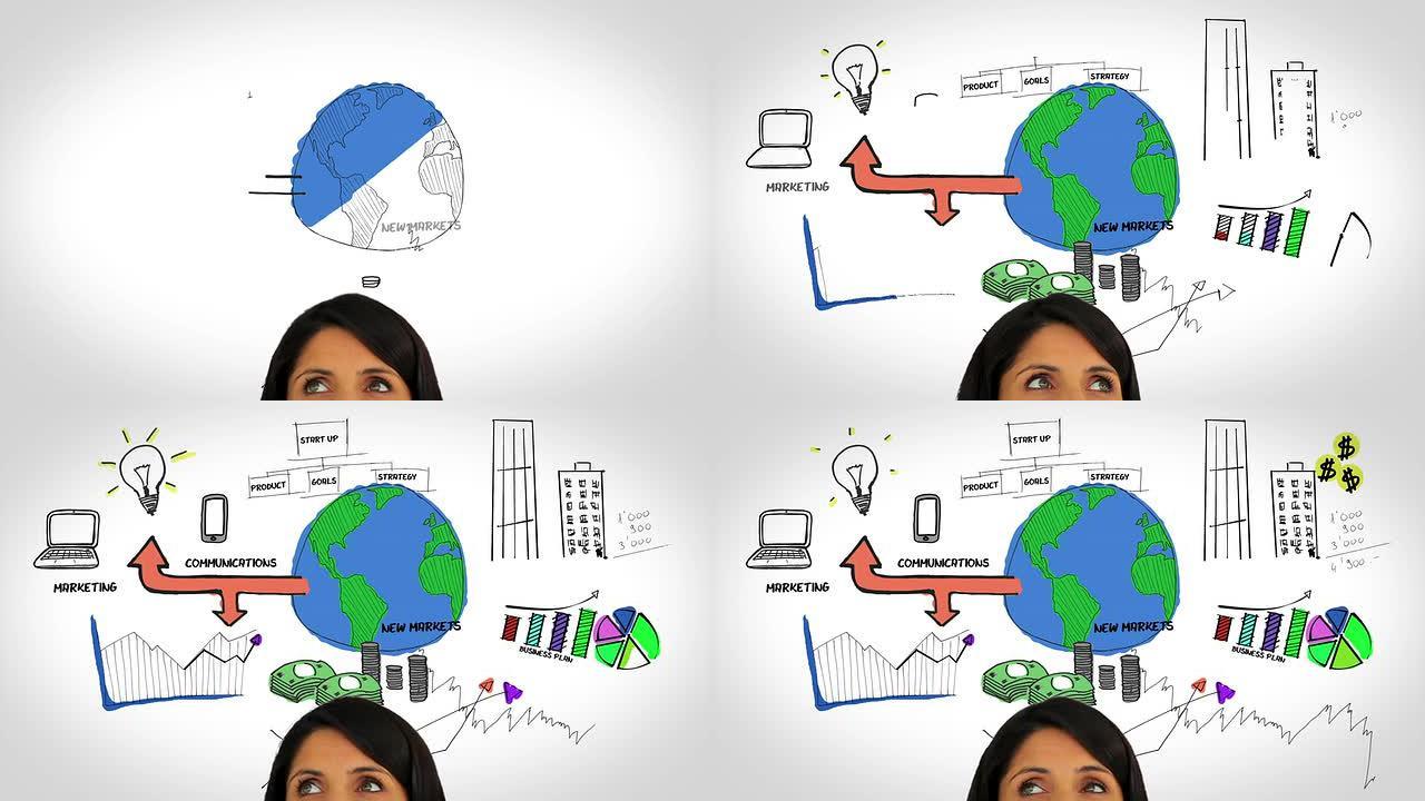 彩色动画显示商业计划和一个女人观察