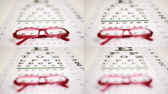 眼镜躺在眼睛测试上的焦点镜头