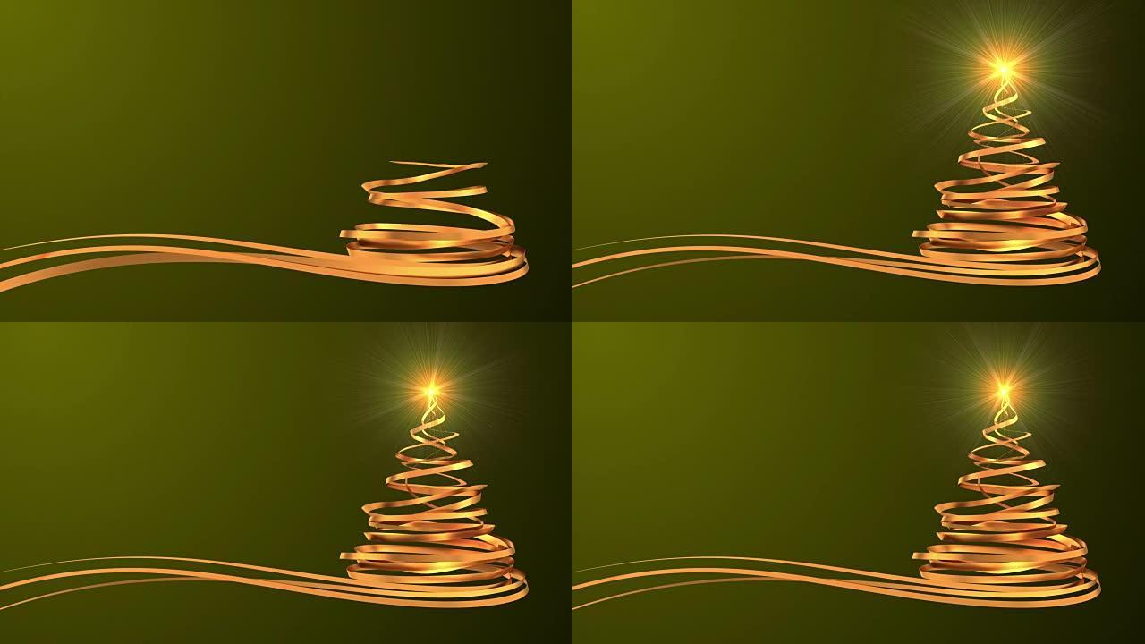 绿色背景上的金色带子上的圣诞树