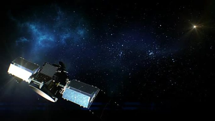 卫星在开放空间使用其太阳能电池板的美丽景色。3d动画。深空和技术概念。
