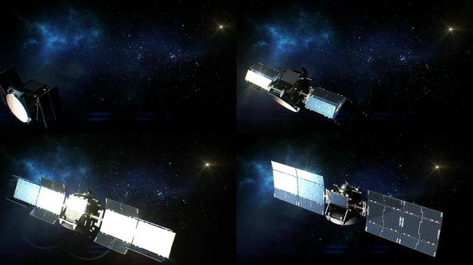 卫星在开放空间使用其太阳能电池板的美丽景色。3d动画。深空和技术概念。