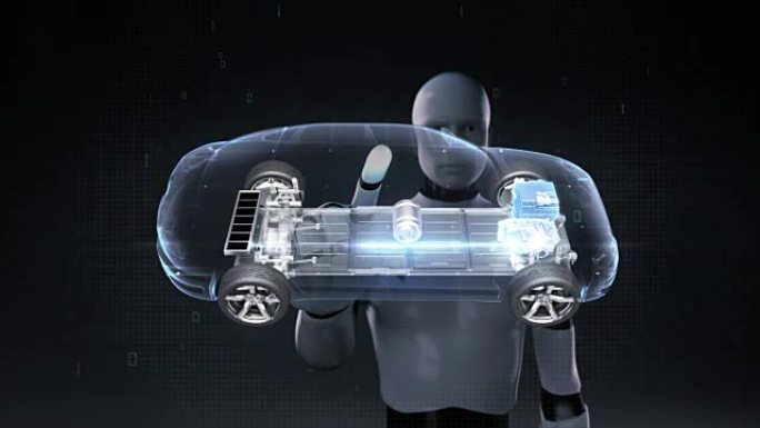机器人，机器人触摸电子，离子电池回声车。给汽车电池充电。电池电量检查，未来的汽车。侧视1。