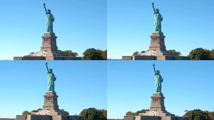 近距离观察:自由女神像的正面映衬着湛蓝的天空