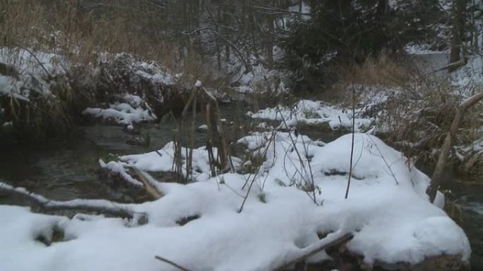 冬季徒步旅行者冰雪消融河流特写流水溪流